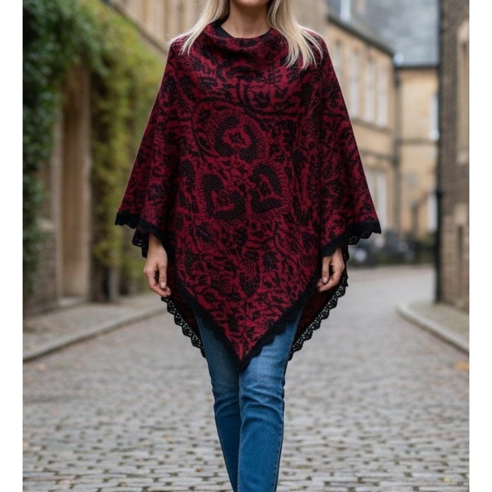 Peruvian Connection Alpaca Wool Poncho Burgundy Black Lace Trim L/XL Cottage